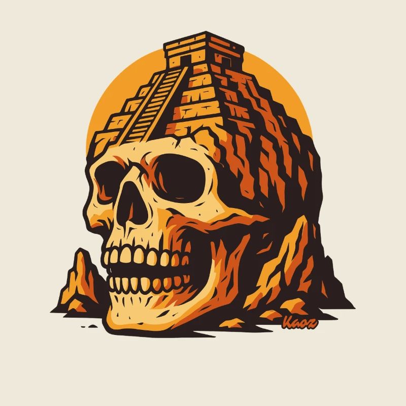 Skull with temple and sunset
