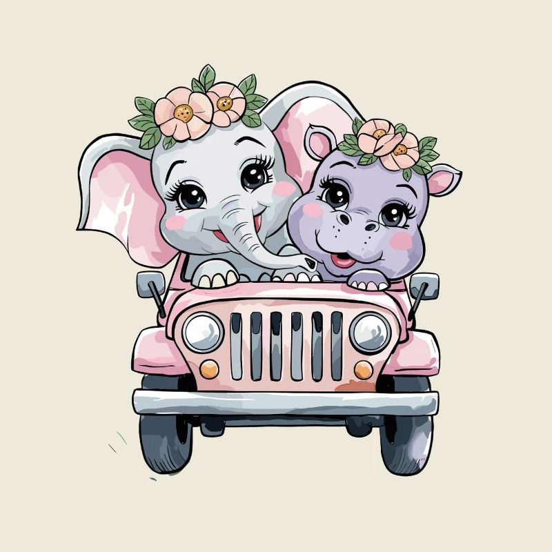 Éléphant et hippopotame Couronne florale aventure