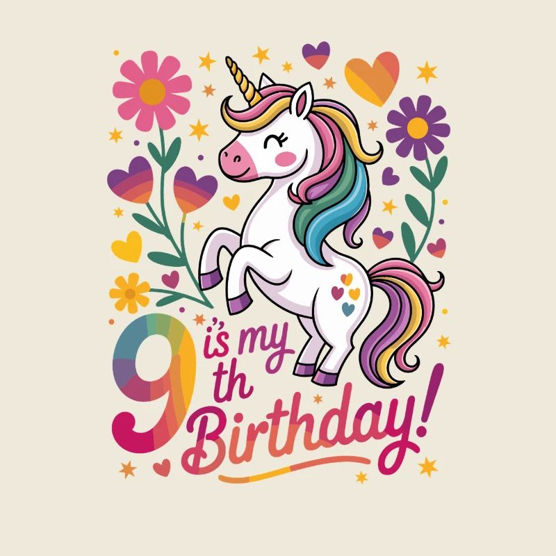 9e anniversaire unique avec licorne et fleurs