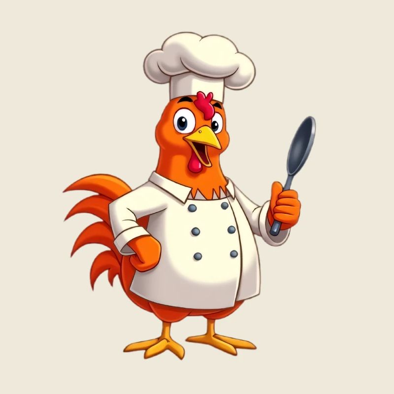 Chicken as a chef with chef's hat and spatula