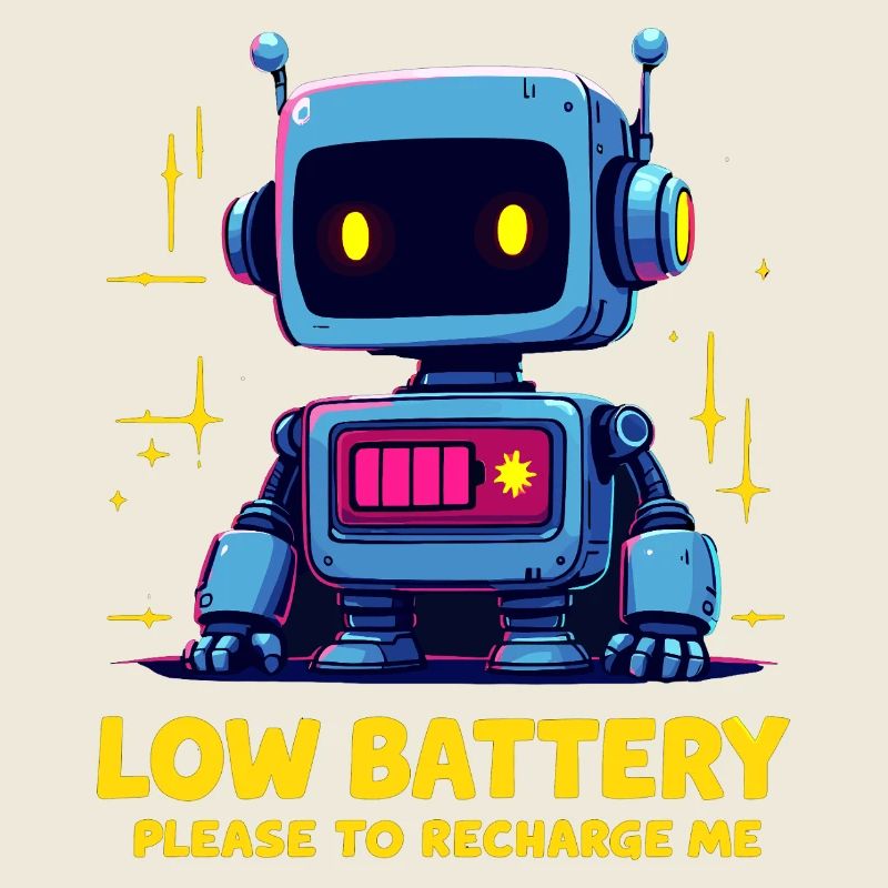 Futuristic Robot with Low Battery Message