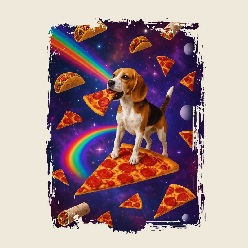 Chien sur une pizza dans l'espace avec un arc-en-ciel