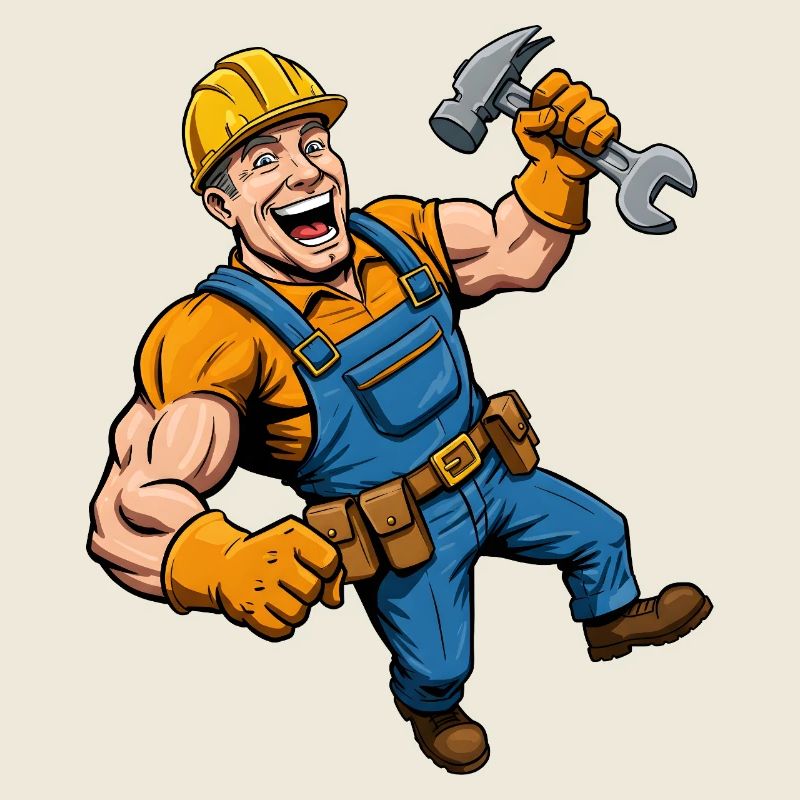 Cheerful cartoon construction worker with tools