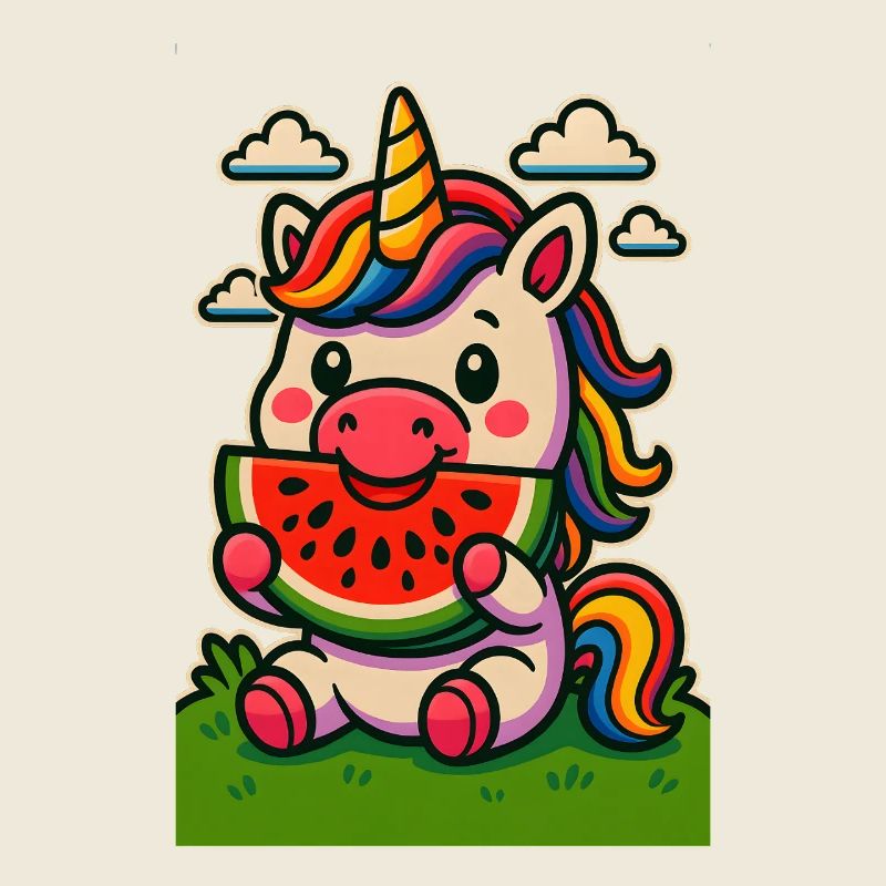 Regenbogen-Einhorn isst Wassermelone