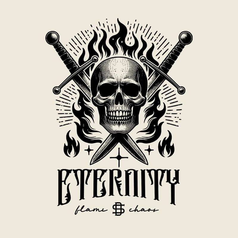 Crâne avec des épées et du feu