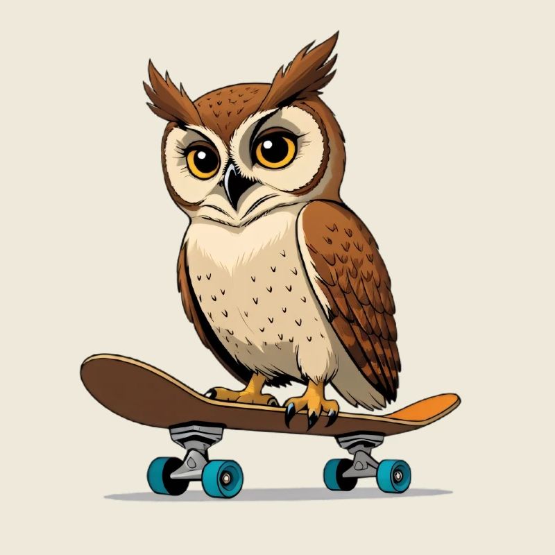 Eule auf Skateboard im Comic-Stil