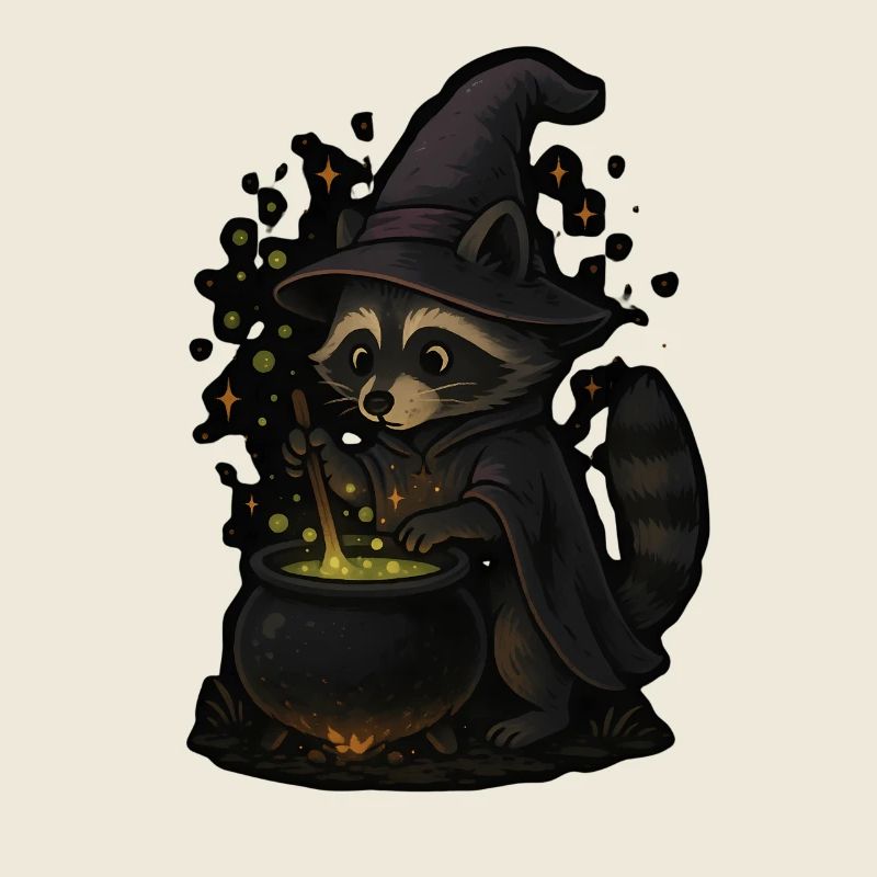 Magic raccoon as a witch with magic potion