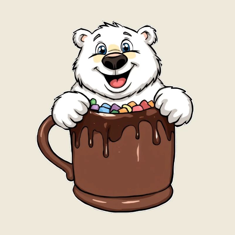 Playful polar bear with chocolate cup