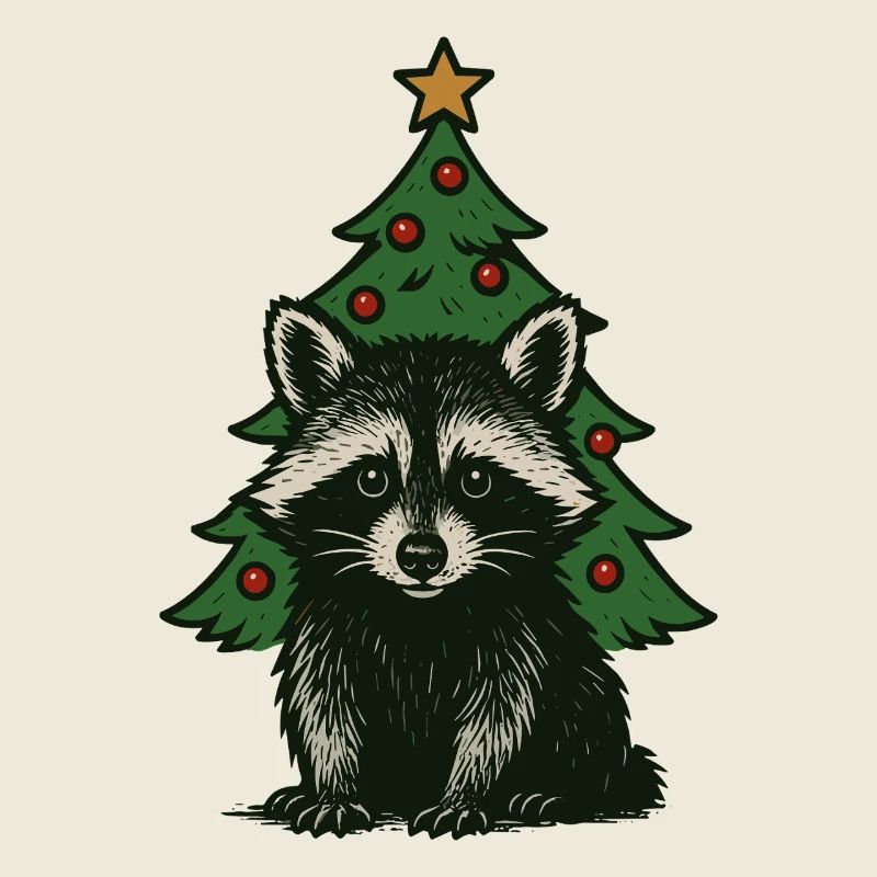 Weihnachts Waschbär vor Tannenbaum