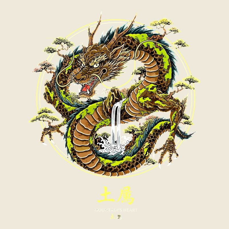 Asiatischer Erddrache mit Wasserfall