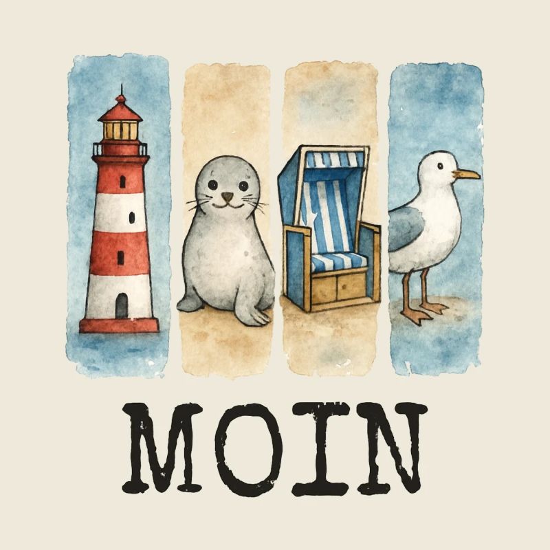Moin Leuchtturm Robbe Strandkorb Möwe Küste