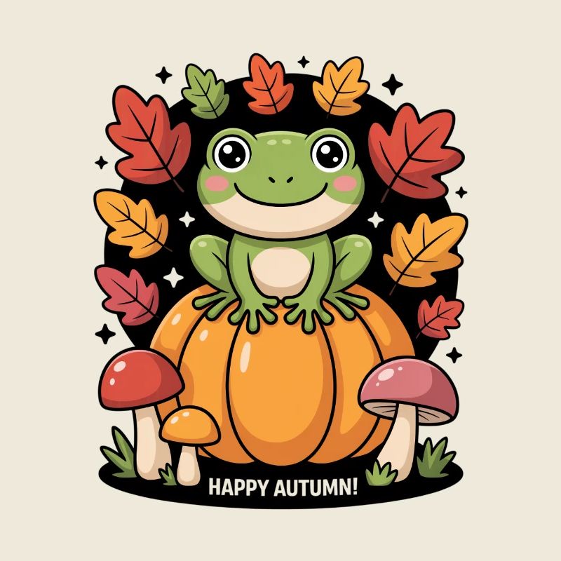 Cottagecore Autumn Frog on Pumpkin with Mushrooms