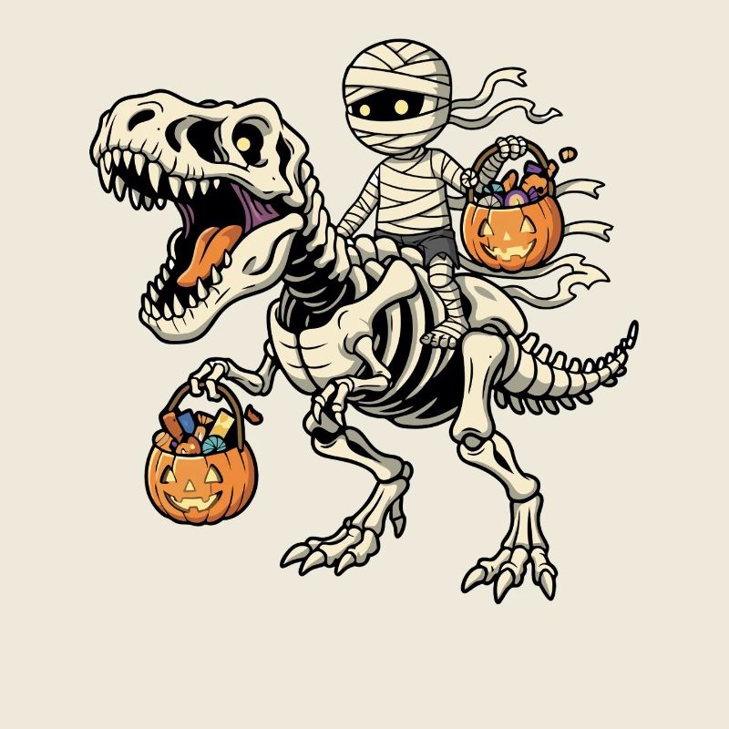 Mumie reitet Skelett T-Rex Halloween Dinosaurier
