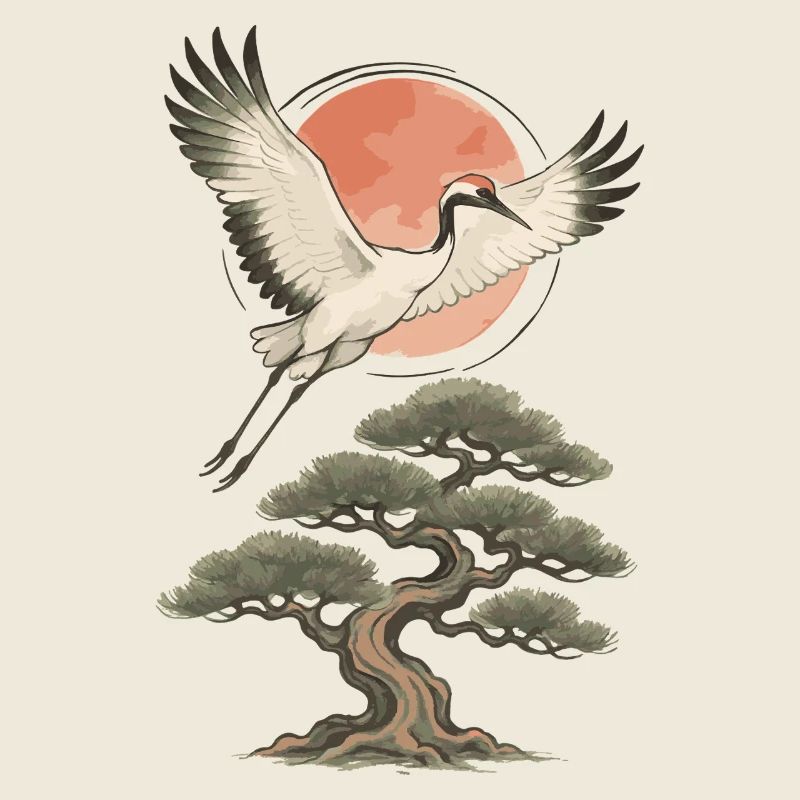 Flying Crane Over Pine Tree