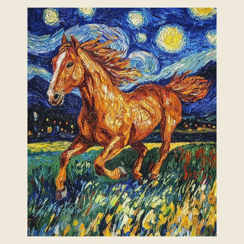 Cheval Chevaux Cavalier Style Van Gogh Nuit étoilée