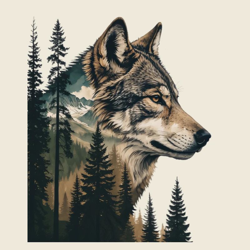 Forest Wolf Portrait with Mountains