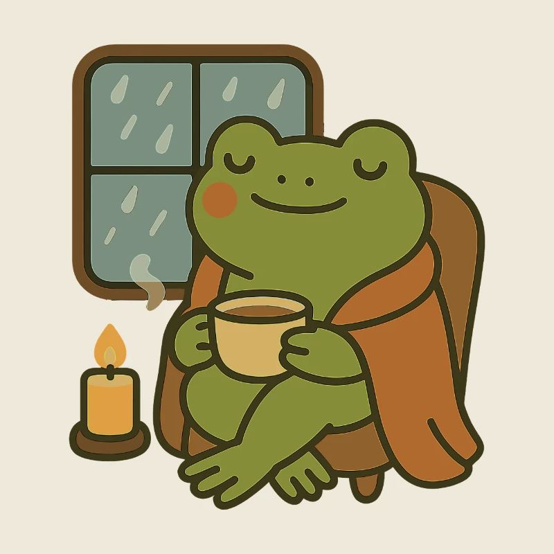 Frog with Tea at the Window – Cozy Rain Day