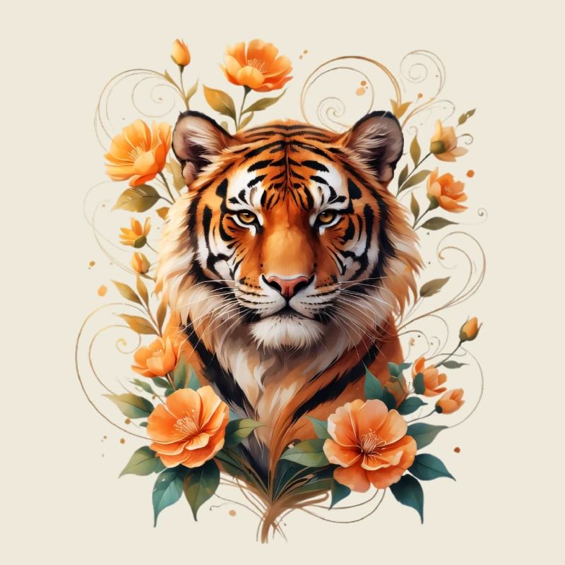 Tiger with flower tendrils ornament