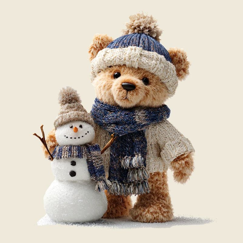 Teddybär baut einen Schneemann