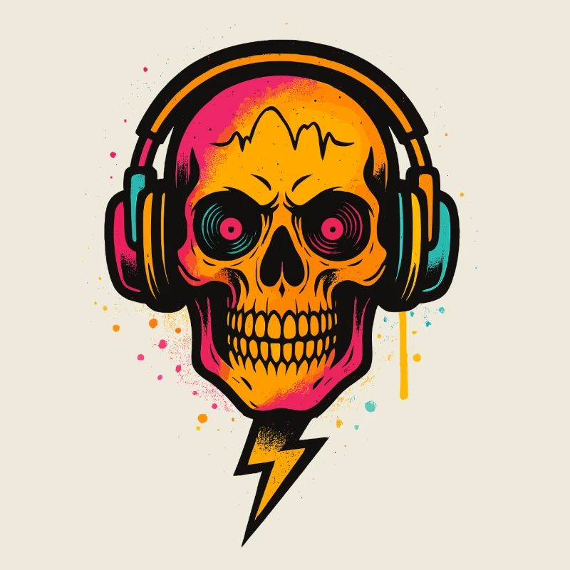 Neon Schädel DJ, Techno Rave, Kopfhörer Kunst