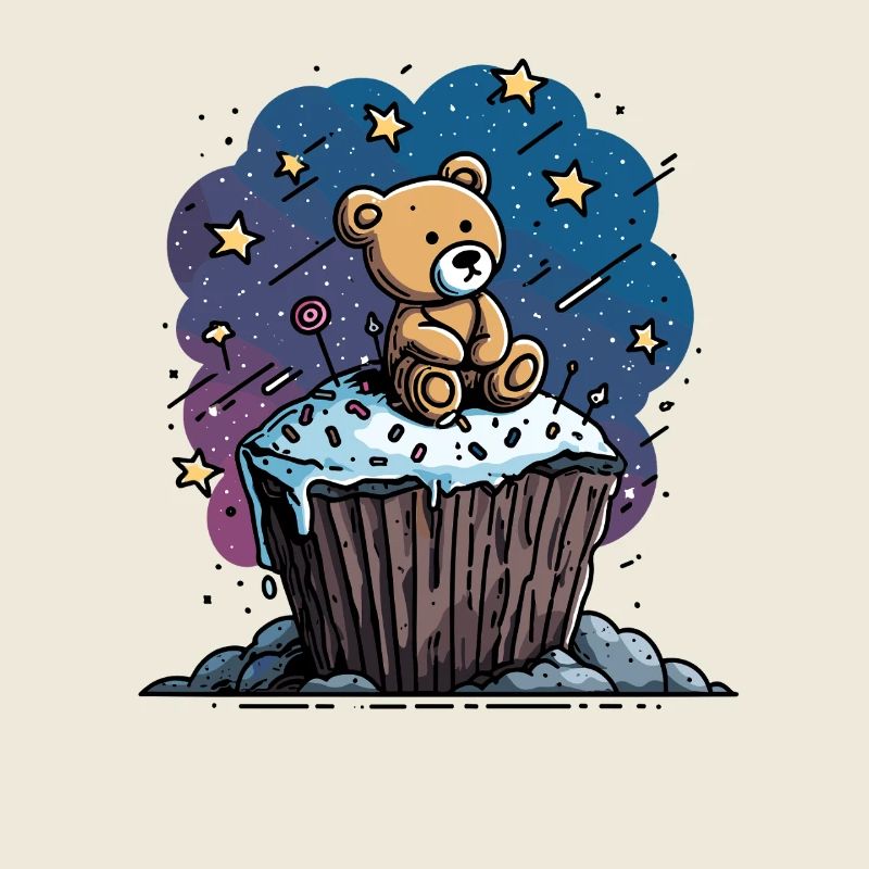 Cuddly bear on cupcake in space
