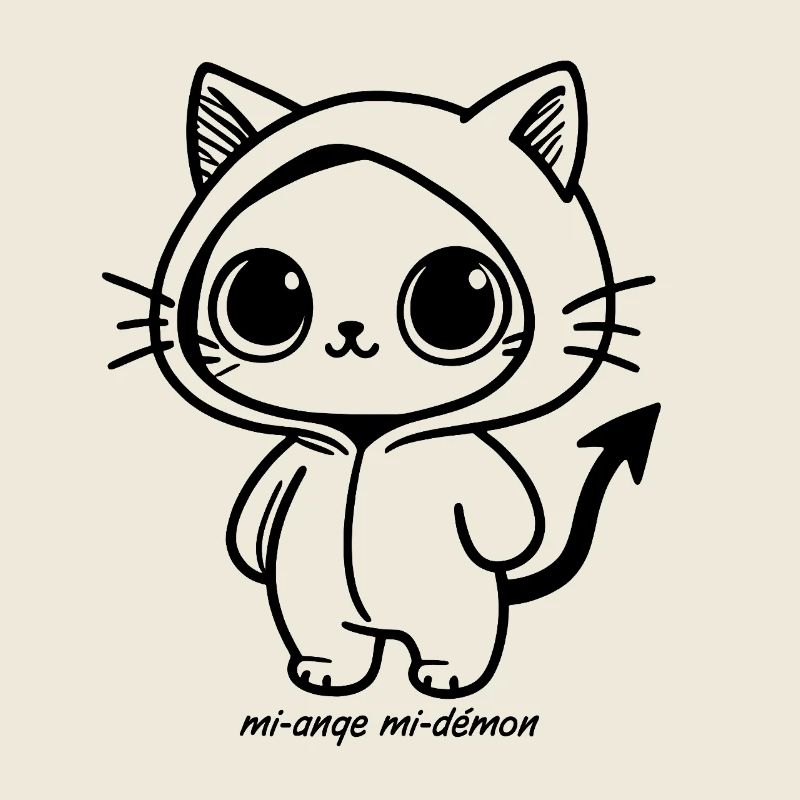 Kawaii-Katze im schwarzen Kapuzenpullover, halb Engel, halb Dämon