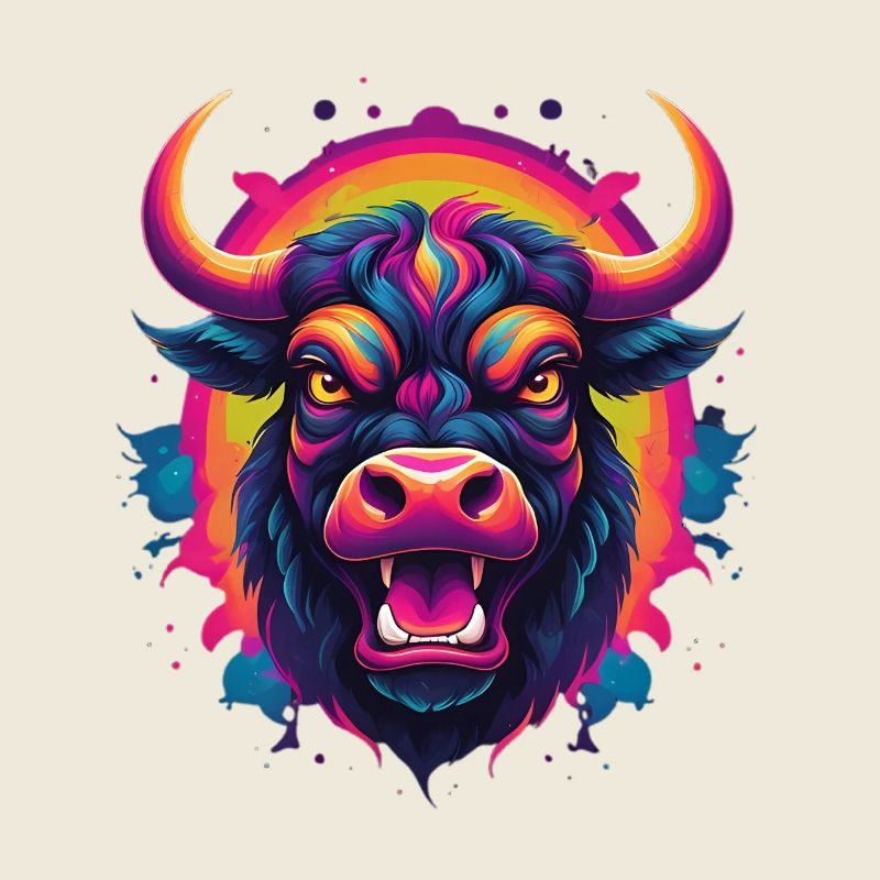 Tête de taureau néon – explosion de couleurs