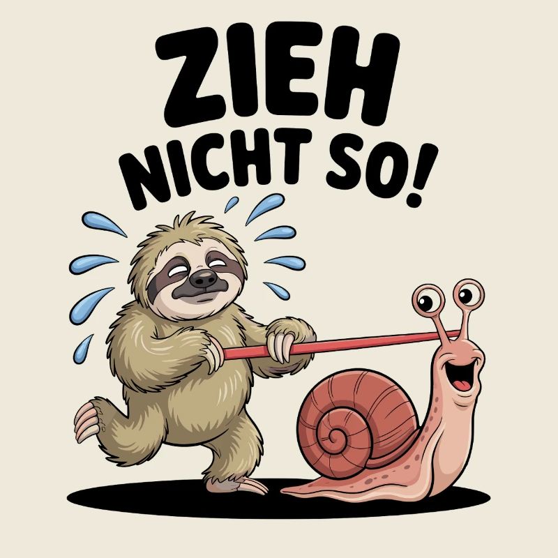 Sloth pulling snail, funny cartoon