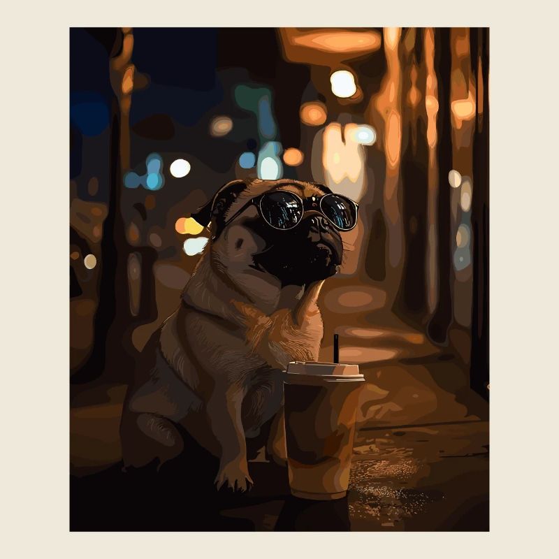 Mops mit Sonnenbrille und Eiskaffee