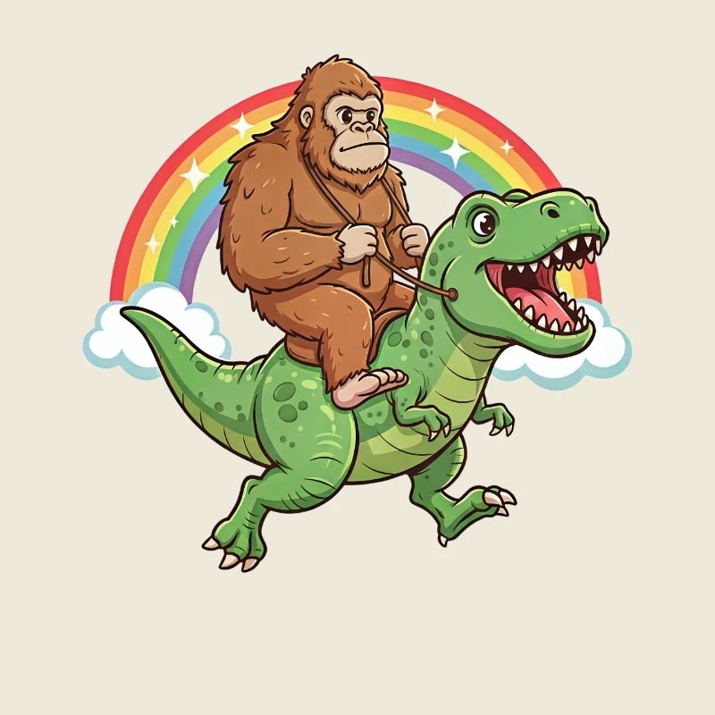 Bigfoot Riding T-Rex Dinosaur Rainbow