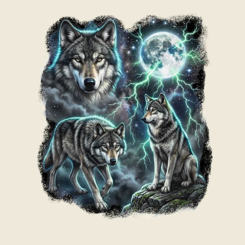 THREE Wild Wolves with Moon Wildlife Designs