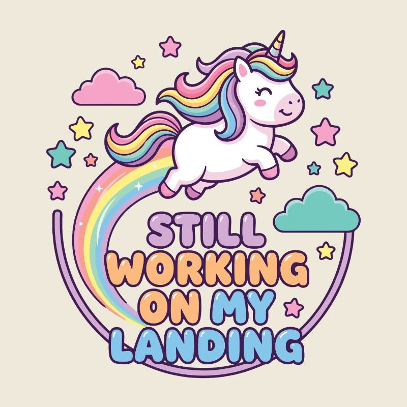Unicorn Rainbow with Still Working On My Landing