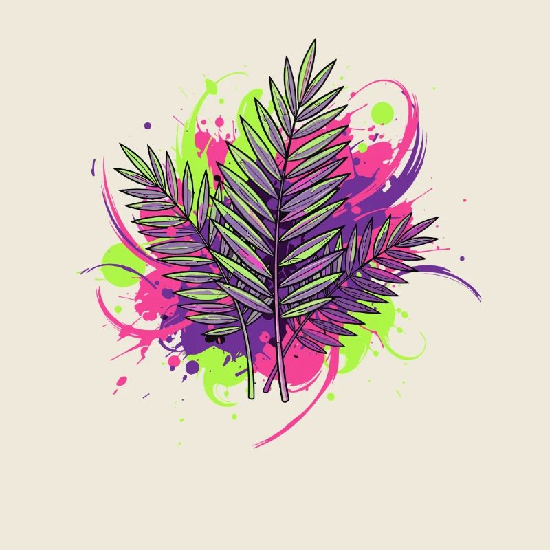 Neon Tropical Leaf with Paint Splashes