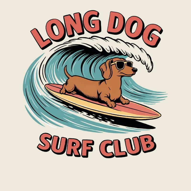 Dackel surft auf einem Board – im Retro-Surf-Stil