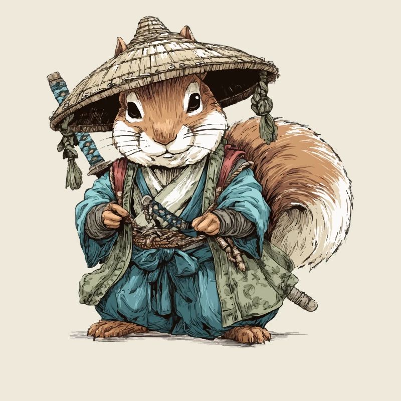 Eichhörnchen-Samurai im blauen Kimono