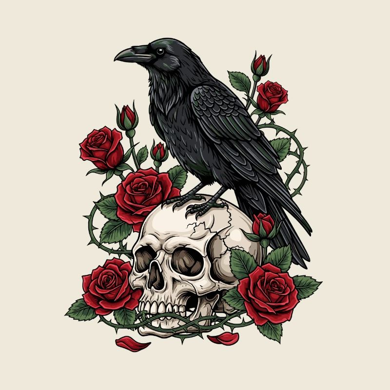 Mitternachtskrähe auf Totenkopfrosen