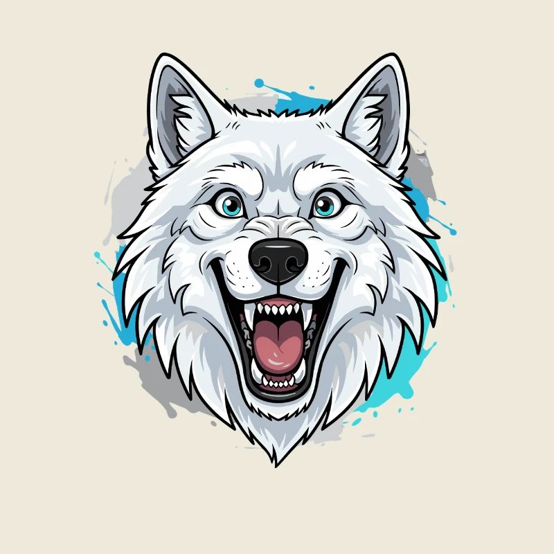 White Wolf Head Cartoon Blue Accents