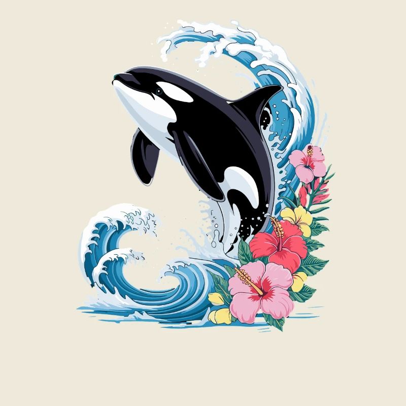 Orca wave with tropical hibiscus flowers summer