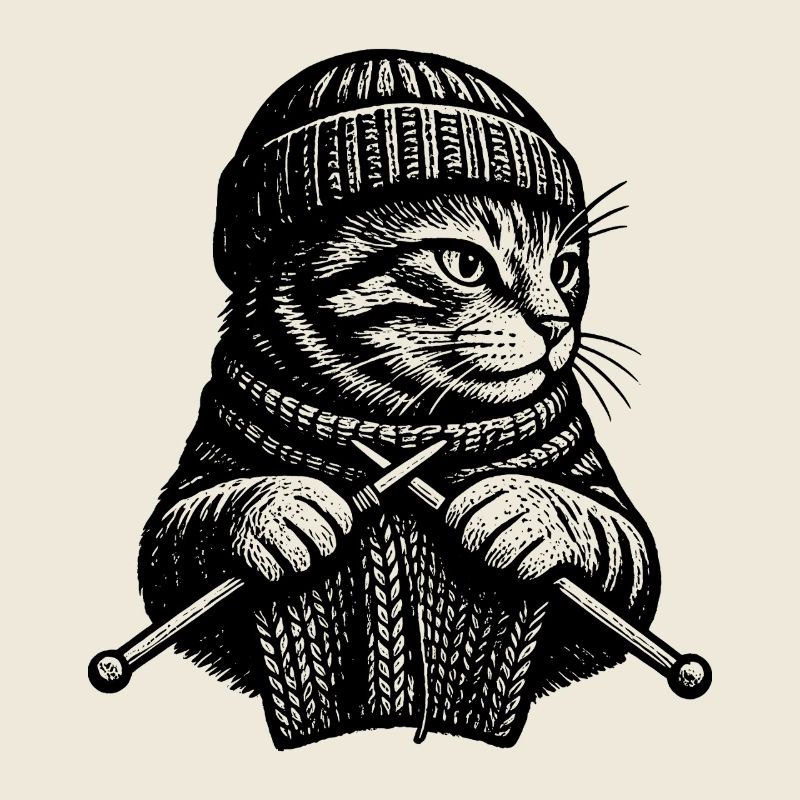 Vintage Linocut Knitting Cat