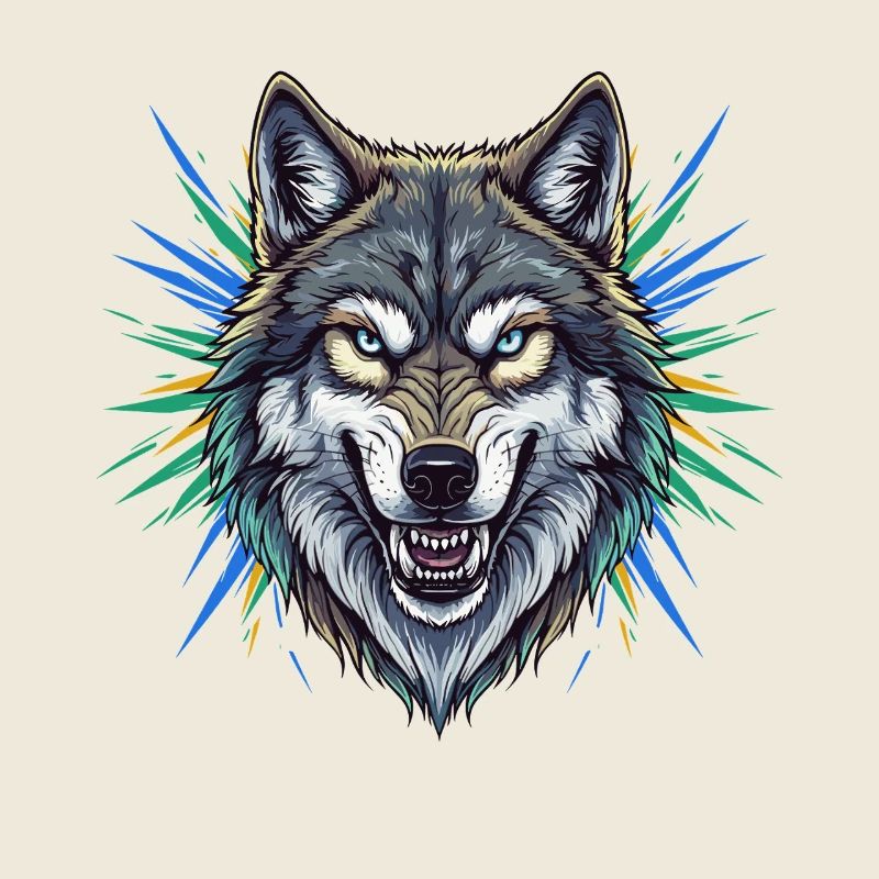 Wolfskopf mit bunten Strahlen