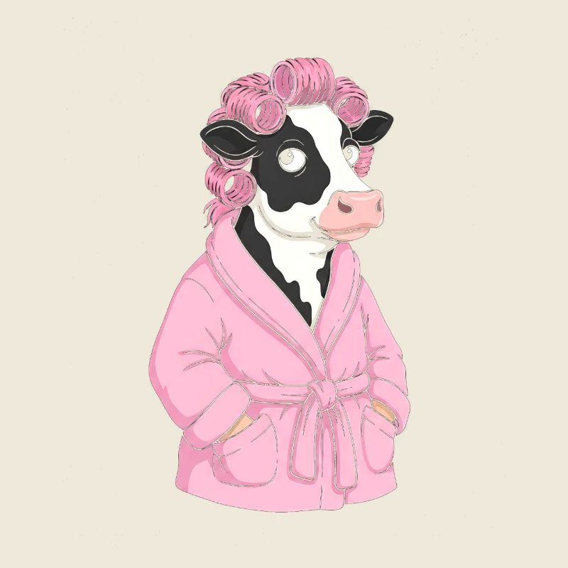 Vache en peignoir rose avec des boucles