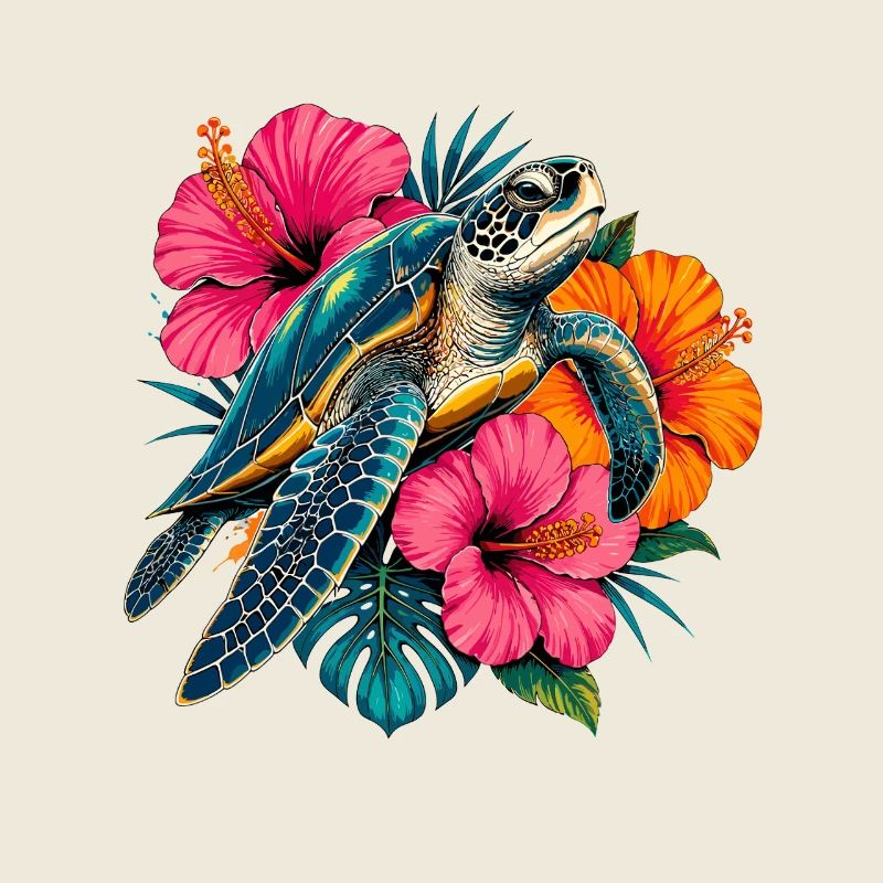 Turtle im Tropenblüten-Design