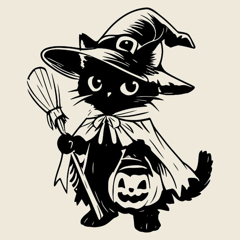 Black Cat Witch with Broom and Jack-o-lantern
