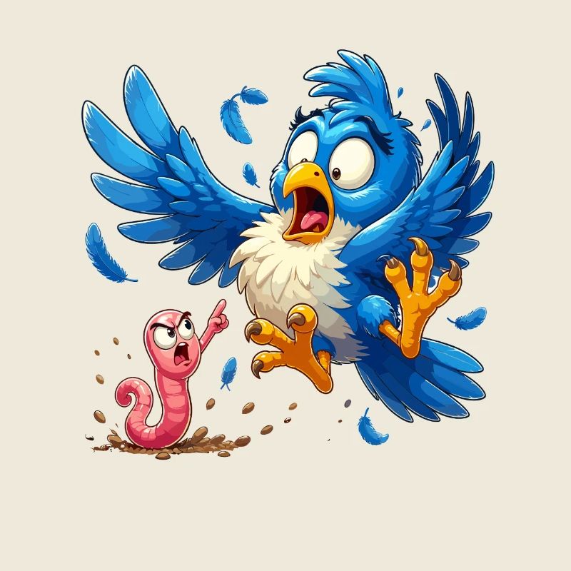 Blue bird flees from naughty worm