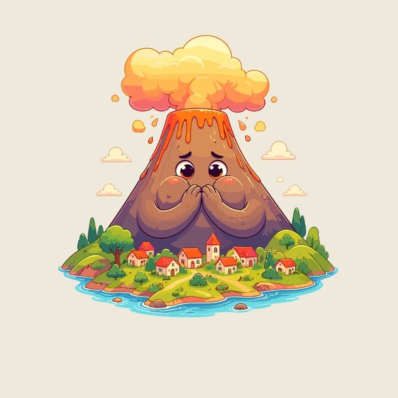 Kawaii Vulkan mit Dorf auf Insel