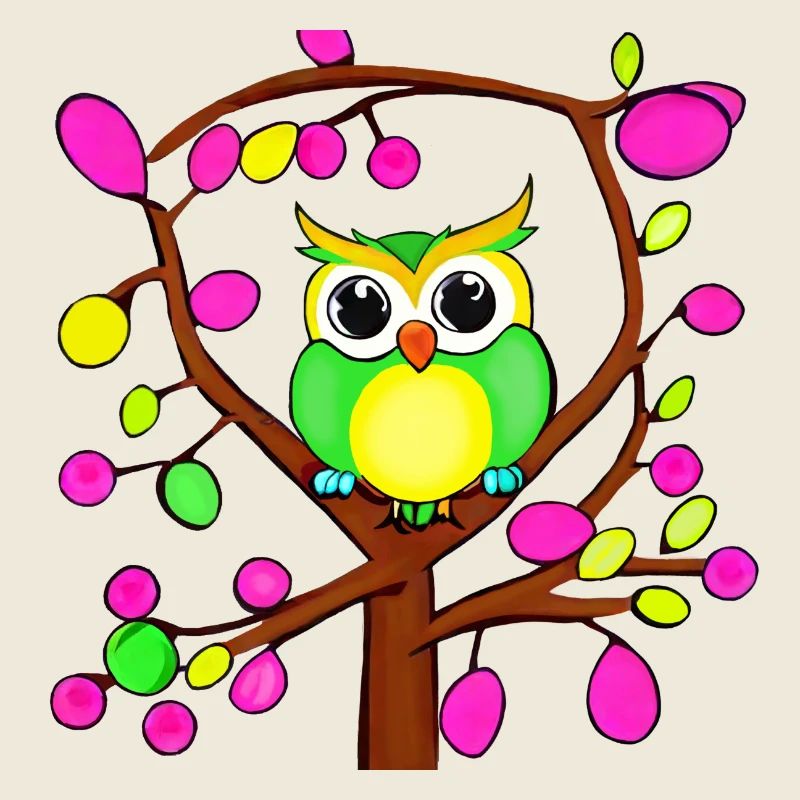 Chouette heureuse dans un arbre multicolore