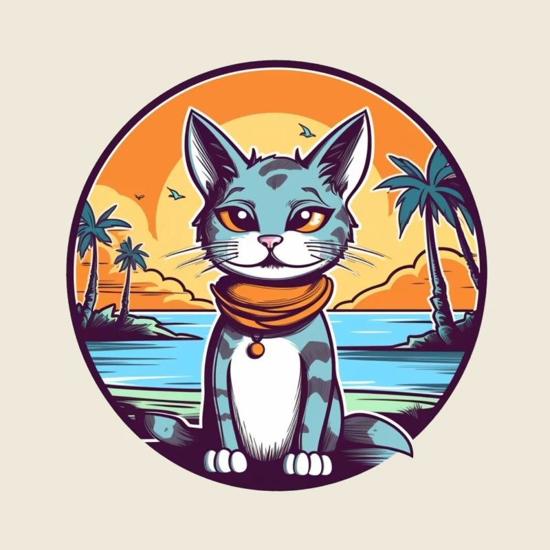 Cartoon cat in tropical paradise