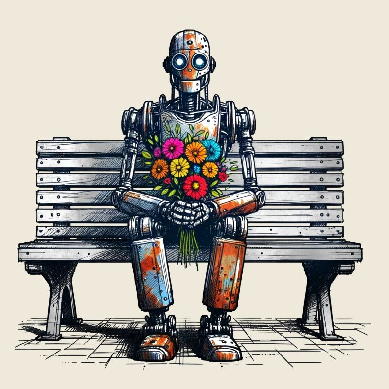 roboter bank blumen robot love rostig kunst