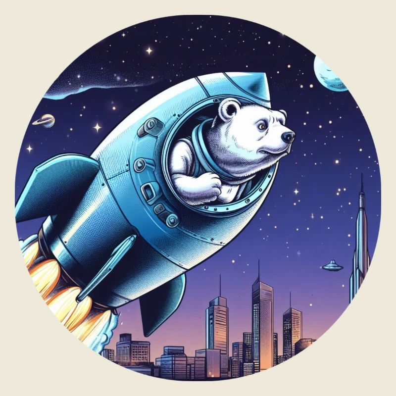 Une fusée avec un ours décolle dans l’espace devant le ciel nocturne