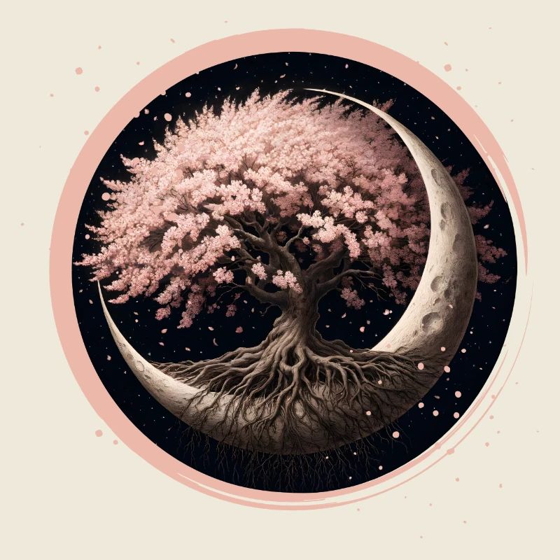 Bonsaï élégant en fleurs de cerisier sur croissant de lune